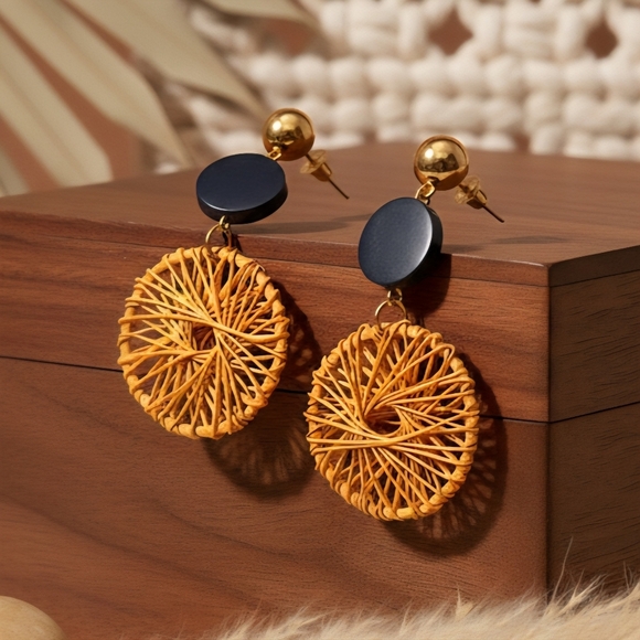 Boho Chic Handwoven Spiral Navy Wood Gold Dangle Earrings Handmade Jewelry - Picture 11 of 15